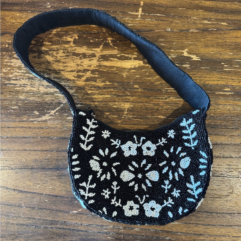 Floral Beaded Black Shoulder Bag